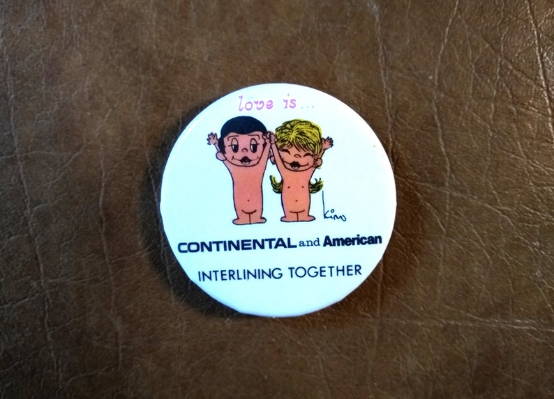 vintage Love Is Continental and American Interlining Together Pinback Celluloid Button, 1960s Collectible Celluloid Pinback Button Pin image 1