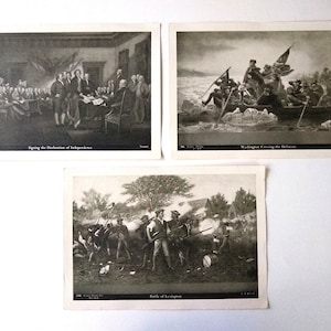 3 Antique Cosmos Pictures Co Prints - Signing the Declaration of Independence, Washington Crossing the Delaware, and the Battle of Lexington