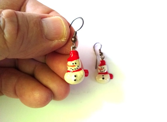 1960s Christmas Snowman Enamel Over Metal Earring… - image 2