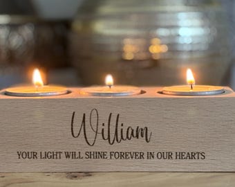 Engraved Memorial Beech Wood Double or Triple Candle / Tea Light Holder, Custom Personalised