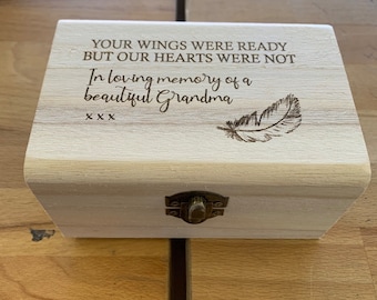Personalised Wooden Memorial Commemorative Keepsake Box with Hinged Lid and Metal Fastening in 3 Sizes - wings, feather