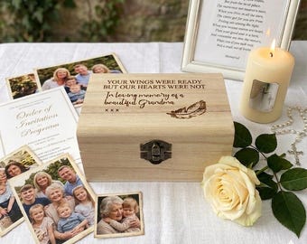 Engraved Wooden Memorial Commemorative Keepsake Box with Hinged Lid and Metal Fastening in 7 Sizes - feather / wings - Custom Personalised