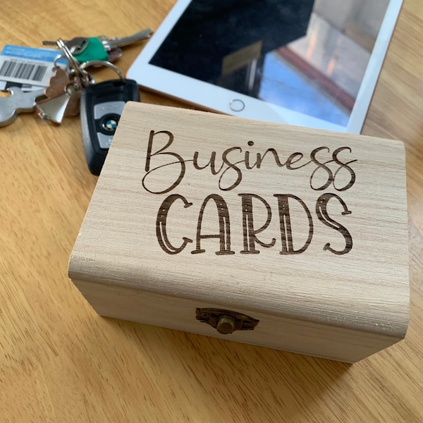 Business Cards Holder Keeper Personalised Wooden Box with Hinged Lid and Metal Fastening 18cm - Valentines/Mothers Day gift