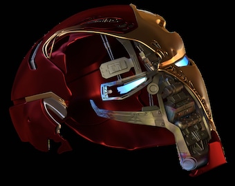May include: A detailed, side view of a red and gold helmet with exposed internal mechanisms. The helmet features glowing blue eye slits and intricate metallic components, suggesting a high-tech design. The overall aesthetic is futuristic and sleek.