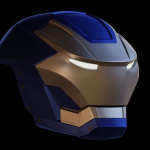 May include: A blue and gold helmet with a visor and a metallic finish. The helmet has a futuristic design and is reminiscent of a superhero's helmet.