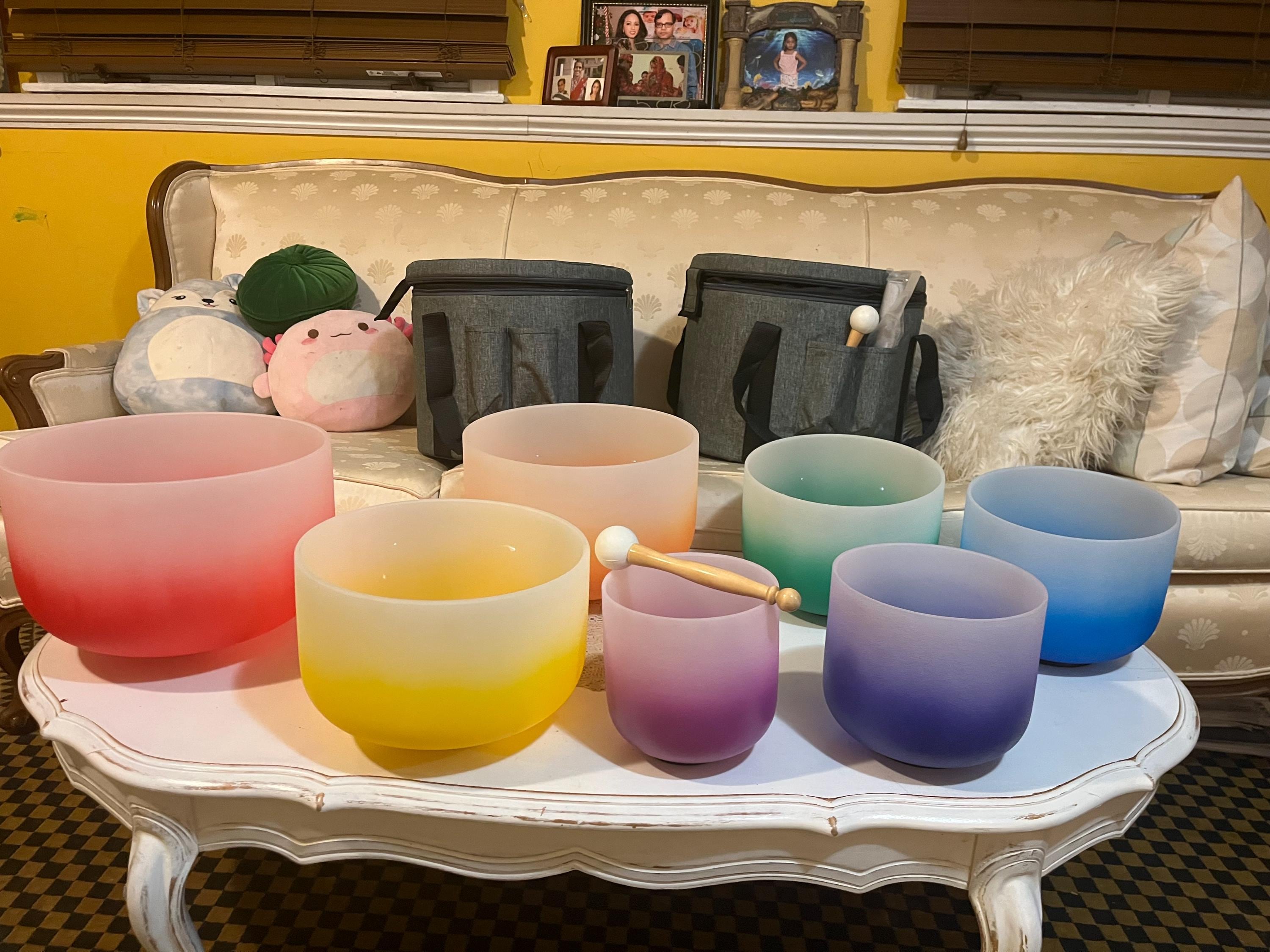 Crystal Quartz Singing Bowl Set: Chakra Sound Therapy, 7 Bowls with Cases