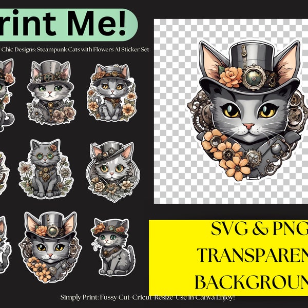 STEAMPUNK Cat PRINTABLE sticker set for diy card water bottle decor for birthday gift for cat lover gift for her animal sticker set for art