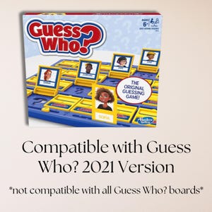 The image showcases the "Guess Who?" game box, with a focus on the game board where character cards are displayed. The text highlights that the cards are compatible with the 2021 version of Guess Who?, but will not fit all boards. It also suggests the image is promoting digital downloads of character cards.