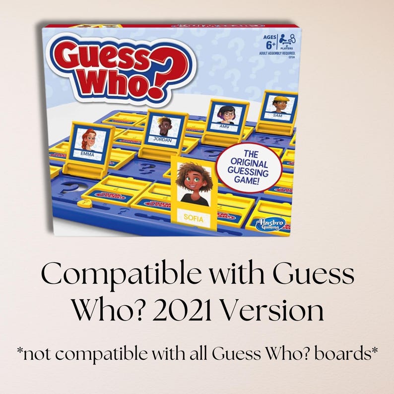 The image showcases the "Guess Who?" game box, with a focus on the game board where character cards are displayed. The text highlights that the cards are compatible with the 2021 version of Guess Who?, but will not fit all boards. It also suggests the image is promoting digital downloads of character cards.