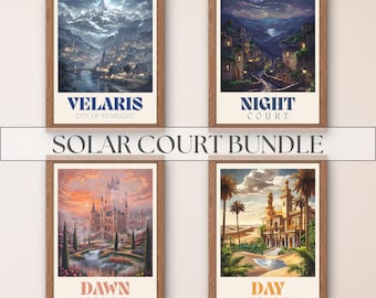 Bundle d'art mural solaire ACOTAR en téléchargement numérique, impression instantanée d'un tribunal d'épines et de roses, cour de nuit, cour de jour, cour de l'aube, Velaris