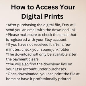 Instructions on how to access digital prints. After purchasing a digital file, Etsy sends an email with a download link to the email registered with the Etsy account. It advises to check the spam/junk folder if the email isn't received within a few minutes and notes the download is available after payment clears. The download link can be found in the user's Etsy account under purchases. Once downloaded, the file can be printed at home or professionally. Digital 'Guess Who?' character card files.