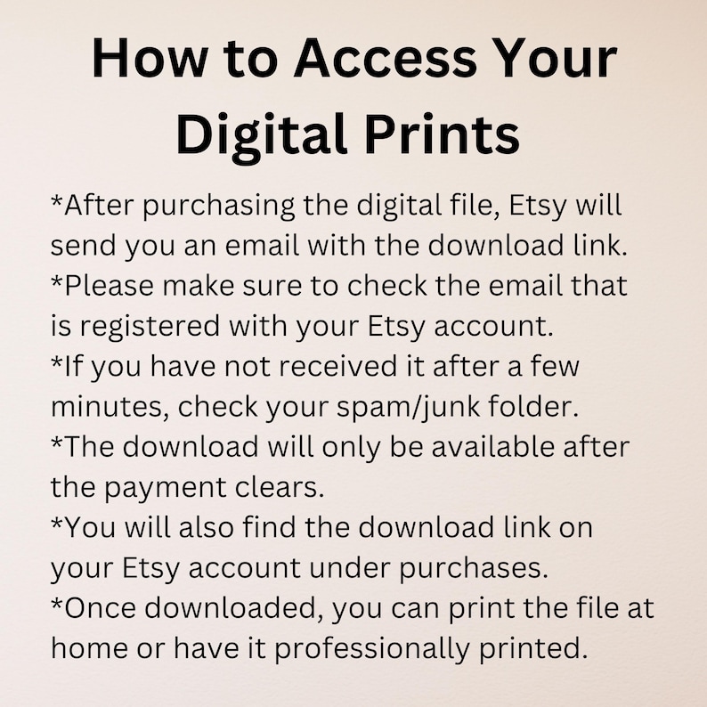 Instructions on how to access digital prints. After purchasing a digital file, Etsy sends an email with a download link to the email registered with the Etsy account. It advises to check the spam/junk folder if the email isn't received within a few minutes and notes the download is available after payment clears. The download link can be found in the user's Etsy account under purchases. Once downloaded, the file can be printed at home or professionally. Digital 'Guess Who?' character card files.