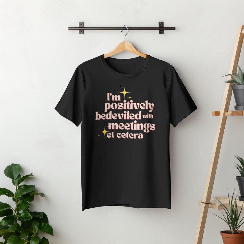May include: Black t-shirt with the text "I'm positively bedeviled with meetings et cetera" in a light pink font with gold star accents. The shirt is hanging on a wooden hanger against a white wall.
