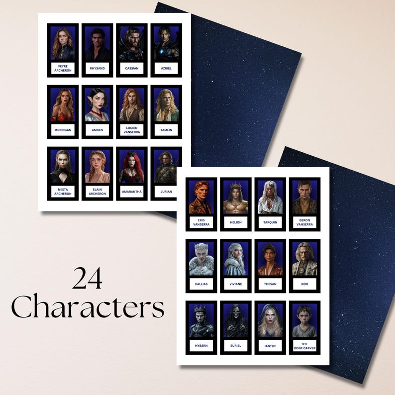 Product display of a "Guess Who?" style game featuring character cards of 24 different characters from the "A Court of Thorns and Roses" (ACOTAR) book series, displayed over a background of stars. Includes characters like Feyre, Rhysand, Cassian, Nesta, and others. Intended for use as game pieces.