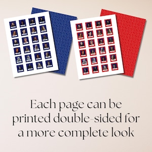 The image shows two sheets of cards, presumably for a "Guess Who?" style game based on the A Court of Thorns and Roses (ACOTAR) book series. Each sheet has a grid of character portraits. One sheet has blue backing, while the other has a red backing. Below is text stating that Each page can be printed double-sided for a more complete look.
