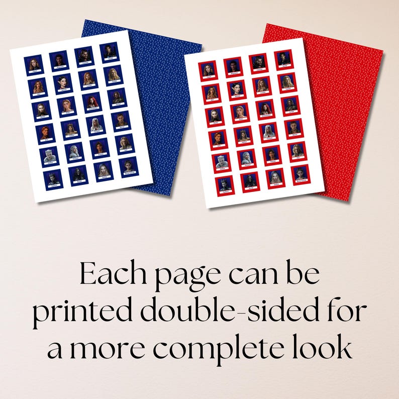 The image shows two sheets of cards, presumably for a "Guess Who?" style game based on the A Court of Thorns and Roses (ACOTAR) book series. Each sheet has a grid of character portraits. One sheet has blue backing, while the other has a red backing. Below is text stating that Each page can be printed double-sided for a more complete look.