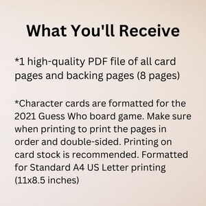 Text outlining the contents included in digital download of Guess Who? character cards: 1 high-quality PDF file (8 pages) formatted for the 2021 Guess Who board game. Instructions include printing pages in order and double-sided on card stock, optimized for Standard A4 US Letter printing (11x8.5 inches).