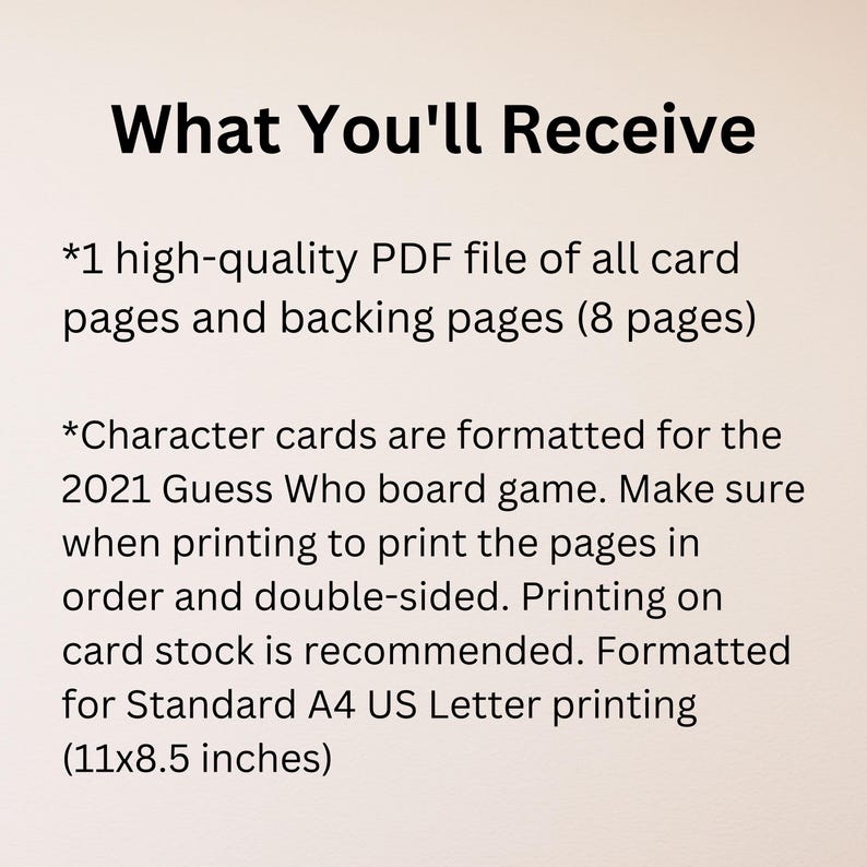 Text outlining the contents included in digital download of Guess Who? character cards: 1 high-quality PDF file (8 pages) formatted for the 2021 Guess Who board game. Instructions include printing pages in order and double-sided on card stock, optimized for Standard A4 US Letter printing (11x8.5 inches).