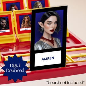 Image of an "A Court of Thorns and Roses" (ACOTAR) themed "Guess Who?" game card leaning upright on the game board. The card shows a digital illustration of Amren, with grey eyes and dark lips wearing jewelry. Her name is written in blue text below. The game board is partially visible in the red and yellow plastic of the original game. A blue starburst says "Digital Download". A disclaimer at the bottom states: "board not included". Character cards Cassian, Mor, Tamlin and Amarantha.