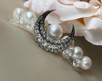 Antique Crescent Moon & Natural Pearl Hair Comb