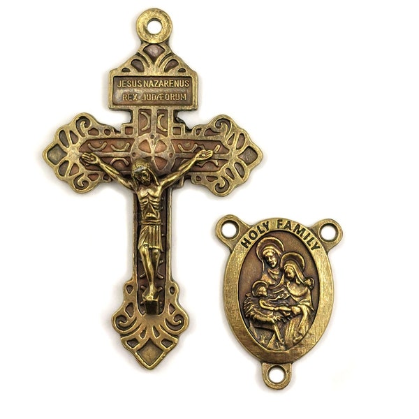 Holy Family Brass Set Crucifix rosary parts for rosary making made in Italy