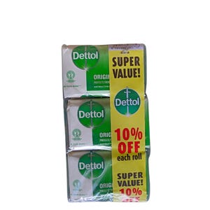 Puede incluir: Barras de jab&oacute;n Dettol apiladas, cada una envuelta en un embalaje blanco y verde. El embalaje presenta el logotipo de Dettol y las palabras "ORIGINAL" y "PROTECTS FROM ANTIBACTERIAL". Una etiqueta amarilla anuncia "SUPER VALUE! 10% OFF".