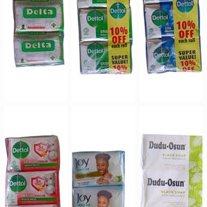 Puede incluir: Variedad de pastillas de jab&oacute;n, incluyendo Delta, Dettol, Joy y Dudu-Osun. Los envases de Dettol muestran "Super Value!" y "10% Off". Las pastillas de jab&oacute;n Joy presentan la imagen de una mujer. Dudu-Osun es jab&oacute;n negro.