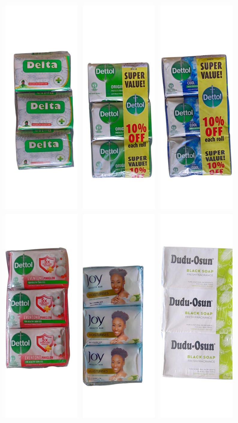 Puede incluir: Variedad de pastillas de jab&oacute;n, incluyendo Delta, Dettol, Joy y Dudu-Osun. Los envases de Dettol muestran "Super Value!" y "10% Off". Las pastillas de jab&oacute;n Joy presentan la imagen de una mujer. Dudu-Osun es jab&oacute;n negro.