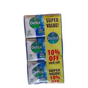 Puede incluir: Un paquete de pastillas de jab&oacute;n Dettol. Las pastillas son blancas y verdes, con el logotipo de Dettol y las palabras "Instant Cool" y "With Menthol". El embalaje tambi&eacute;n incluye el texto "Super Value! 10% Off each roll."