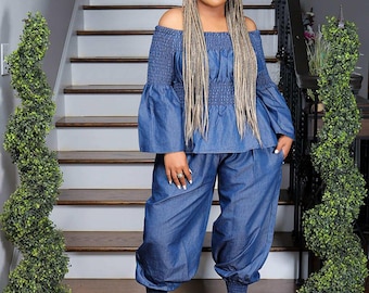 Denim Luxe Off-Shoulder Smocked Set