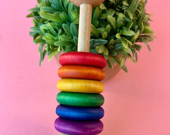 Rainbow Wooden Rattle - Valentine Gift - All Natural - Nontoxic - Montessori Baby Toy - Baby Shower Gift - Baby Rattle - Watercolor