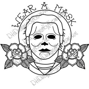 May include: Black and white line art illustration of a person wearing a mask with roses on either side. The text "WEAR A MASK" is written in a circle around the person's head.