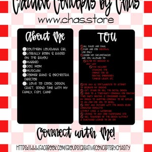 May include: A digital information sheet with a red and white checkered border. It features the text Creative Concepts by Chas, www.chas.store, About Me, and TOU. The About Me section lists personal details, while the TOU section lists usage rules.