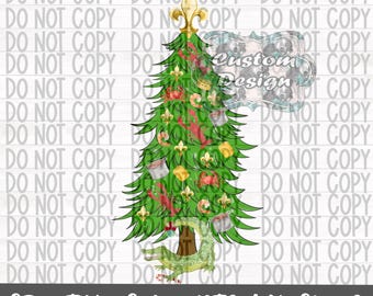 May include: A green Christmas tree decorated with red, gold, and white ornaments, including shrimp, crabs, and fleur-de-lis. A green alligator is at the base of the tree.