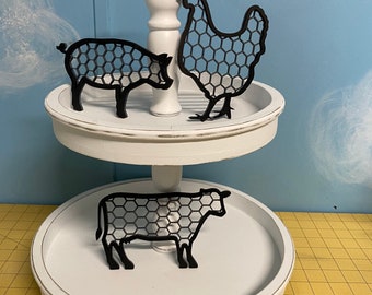 TIERED TRAY DECOR|Chicken Wire look Farmhouse Decor|Rooster|Cow|Pig|barnyard animals