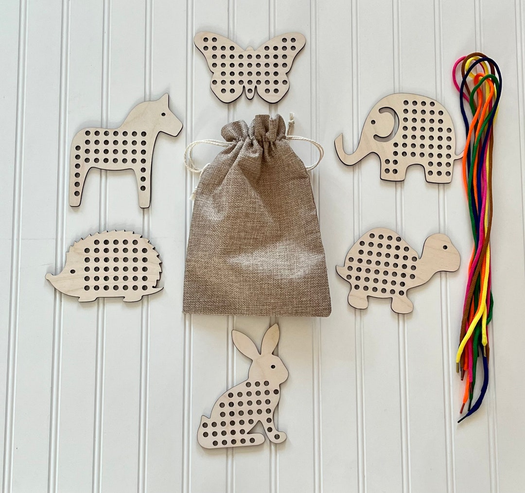 WOOD LACING TOY Homeschool Toy Animal Lace Up Travel Toy Montessori