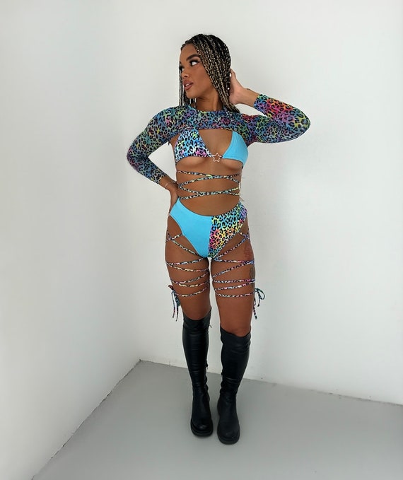 Leopard Print Three Piece Set, Festival Outfit, Rave Outfit, Festival Co  Ord, Chaps, Mesh Crop Top, Festival Shorts, Bikini, Rave -  Canada