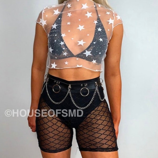 White crop top, white mesh star crop top, sheer crop top, mesh crop top, star crop top, festival top, festival clothing, white crop top