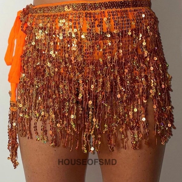 Orange tassel skirt, wrap skirt, sequin skirt, tie up skirt, festival skirt, rave outfit, orange skirt