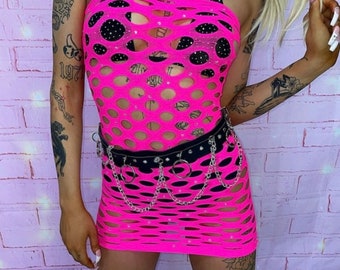 Neon pink fishnet dress, neon pink dress, pink festival dress, rave outfit, rave dress, pink dress, mesh dress, rhinestone pink dress