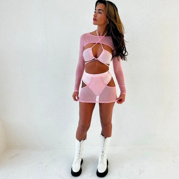 Pink glitter festival three piece outfit, rave outfit,womens pink mesh crop top, rave wear, mesh skirt, crop top,womens rave wear,mesh dress