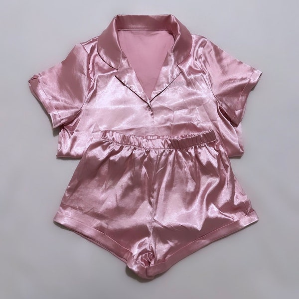 Pink satin pyjamas, satin pjs, womens pyjamas, pyjama set, pink two piece, loungewear, satin two piece, pink pjs, pj shorts, satin pyjamas