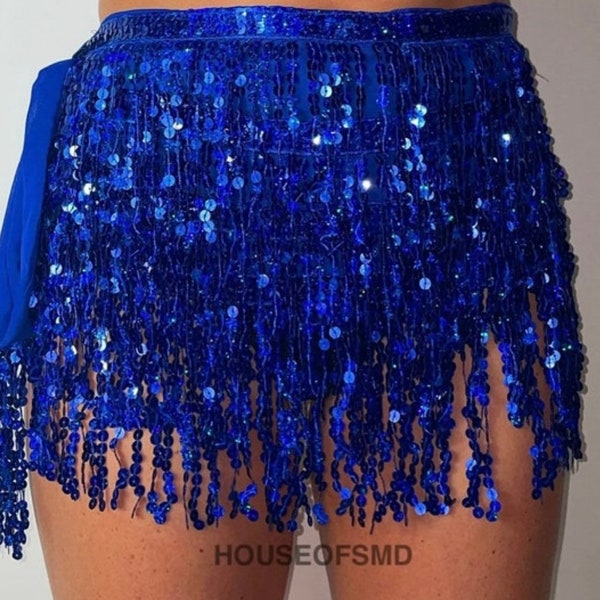 Blue tassel skirt, wrap skirt, sequin skirt, tie up skirt, festival skirt, rave outfit, blue skirt