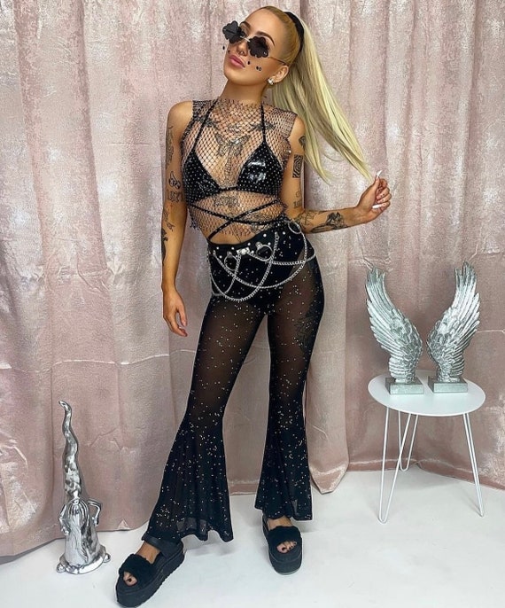 Black Rhinestone Mesh Flares, Festival Flares, Mesh Trousers, Rhinestone  Trousers, Black Flares, Festival Outfit, Rave Outfit, Festival 