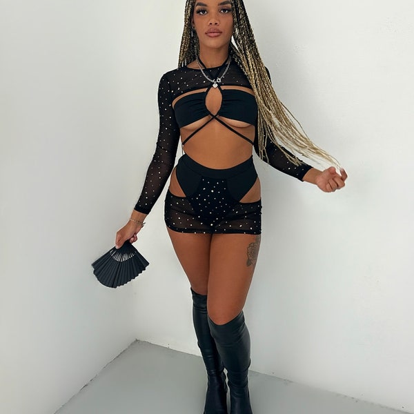 Black glitter festival three piece outfit, rave outfit, womens black mesh crop top, rave wear, mesh skirt, crop top, womens rave wear, top