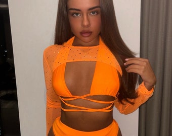 Neon orange glitter festival three piece outfit, rave outfit,womens orange mesh crop top, rave wear, mesh skirt, crop top,womens rave wear,