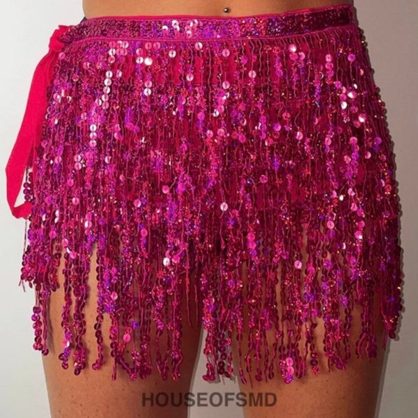 Dark pink tassel skirt, wrap skirt, sequin skirt, tie up skirt, festival skirt, rave outfit, pink skirt