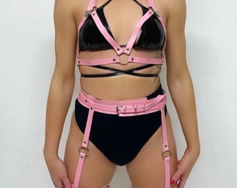 Pink harnesses, chain harness, festival harness, festival outfit, rave outfit, chain top, leg harness, festival two piece, festival co ord