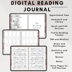 May include: Digital reading journal with a minimalist design. The journal features a bookshelf and library layout, quick and full reviews, a yearly reading tracker, and extra pages for full reviews. The journal includes the text "DIGITAL READING JOURNAL".