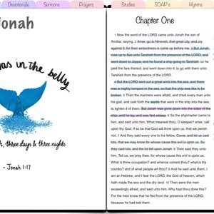 May include: A page from a children's Bible study book with a blue watercolor illustration of a whale's tail. The text reads "Jonah was in the belly of the fish, three days & three nights - Jonah 1:17". The page also includes a chapter heading "Chapter One" and text from the book of Jonah.